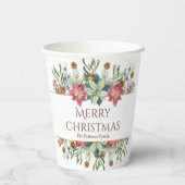Gobelets En Papier Joyeux Noël Aquarelle Fleurs d'hiver Nom (Verso)