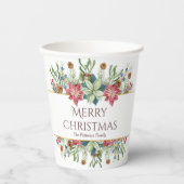 Gobelets En Papier Joyeux Noël Aquarelle Fleurs d'hiver Nom (Recto)