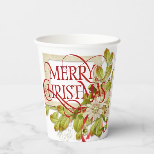 Gobelets En Papier Joyeux Noël aux fleurs vertes (Verso)