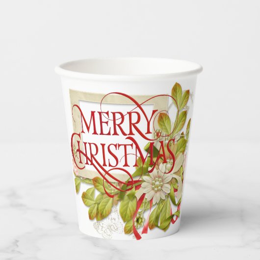 Gobelets En Papier Joyeux Noël aux fleurs vertes (Recto)