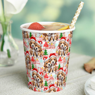 Gobelets En Papier Joyeux Noël Chapeau de Père Noël Chien Design - Bl