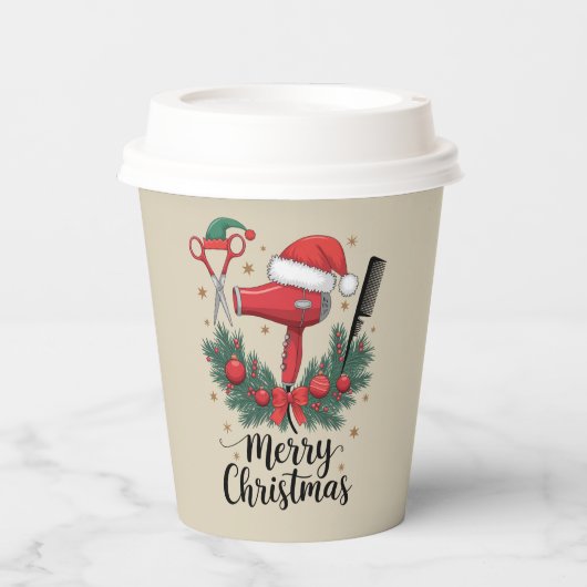 Gobelets En Papier Joyeux Noël coiffeur coiffeur Xmas coiffure (Recto)