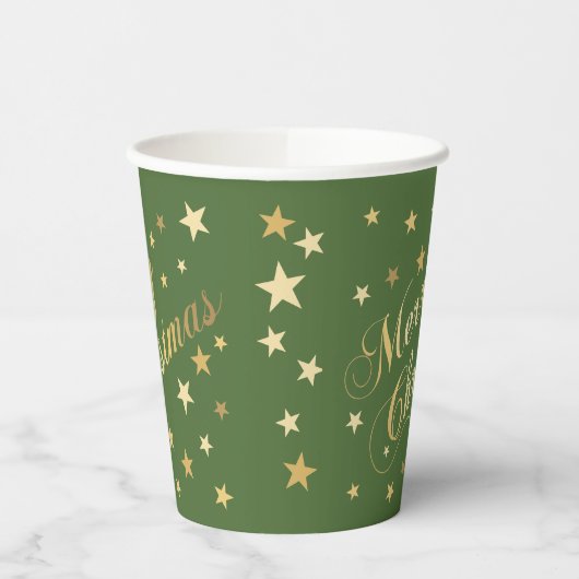 Gobelets En Papier Joyeux Noël Élégant Script Gold Stars Green (Gauche)