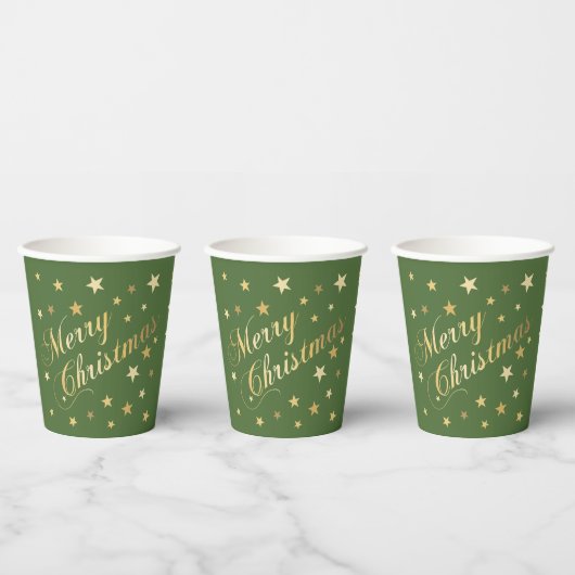 Gobelets En Papier Joyeux Noël Élégant Script Gold Stars Green (Multi)