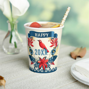 Gobelets En Papier Joyeux Noël et Bonne Année ! 20XX Oiseau Rouge