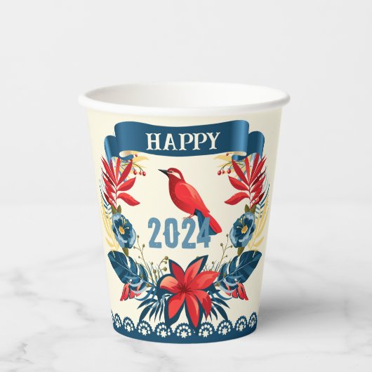 Gobelets En Papier Joyeux Noël et Bonne Année ! Oiseau rouge 2024 (Recto)