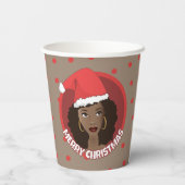 Gobelets En Papier Joyeux Noël, Femme noire Santa Hat (Verso)