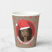 Gobelets En Papier Joyeux Noël, Femme noire Santa Hat (Recto)