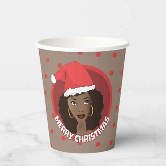 Gobelets En Papier Joyeux Noël, Femme noire Santa Hat (Recto)
