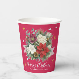 Gobelets En Papier Joyeux Noël Floral Élégant Personnalisé