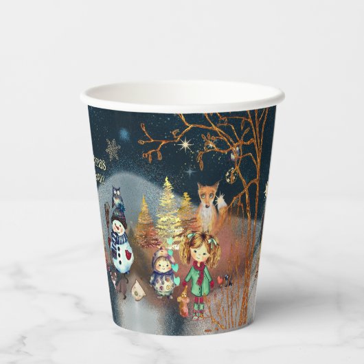 Gobelets En Papier Joyeux Noël Hiver Magie Bleu (Verso)