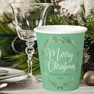 Gobelets En Papier Joyeux Noël Joli Green Wreath fête personnalisée