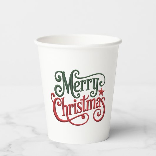 Gobelets En Papier Joyeux Noël Retro Broderie Typographie (Verso)