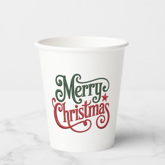 Gobelets En Papier Joyeux Noël Retro Broderie Typographie (Recto)