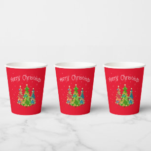 Gobelets En Papier Joyeux Noël Rouge, Arbres, Snowflakes, Amusants Mo