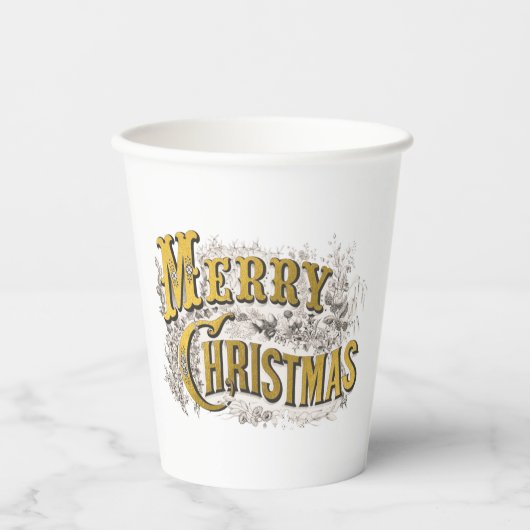 Gobelets En Papier Joyeux Noël Rustique Vintage or blanc (Recto)