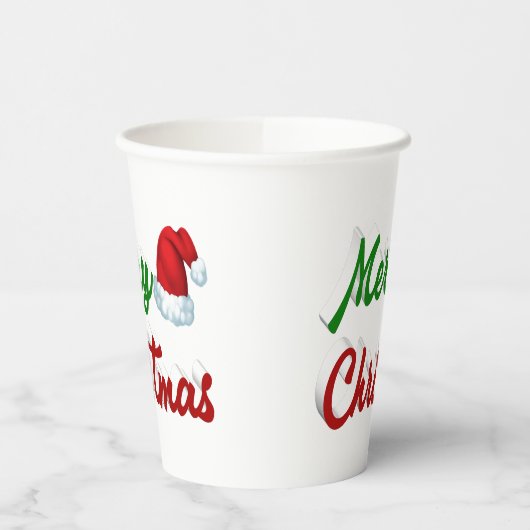 Gobelets En Papier Joyeux Noël Santa Chapeau rouge vert script (Gauche)