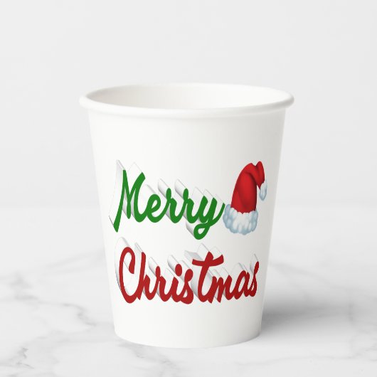 Gobelets En Papier Joyeux Noël Santa Chapeau rouge vert script (Recto)