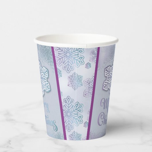 Gobelets En Papier Joyeux Noël Snowflakes Iridescente Bleu pourpre (Droite)