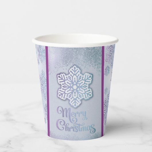 Gobelets En Papier Joyeux Noël Snowflakes Iridescente Bleu pourpre (Recto)