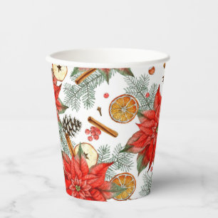 Gobelets En Papier Joyeux Noël Vintage Aquarelle Poinsettia Rouge
