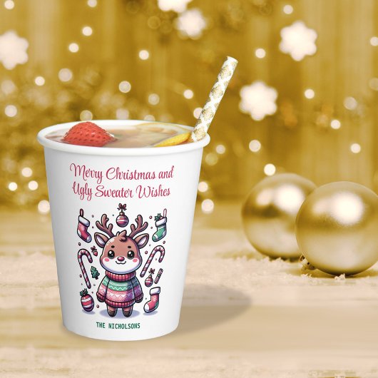 Gobelets En Papier Joyeux Noël & Vœux de Pull Moche Renne