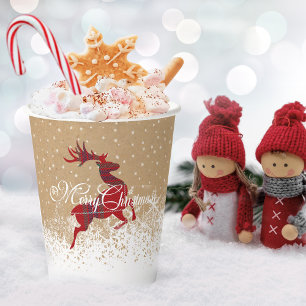 Gobelets En Papier Joyeux rennes de Noël Tartan Rouge/Kraft ID590