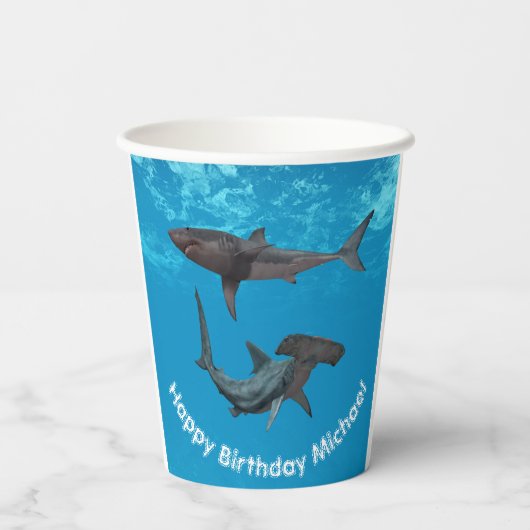 Gobelets En Papier Joyeux requin d'anniversaire Grand marteau blanc (Verso)