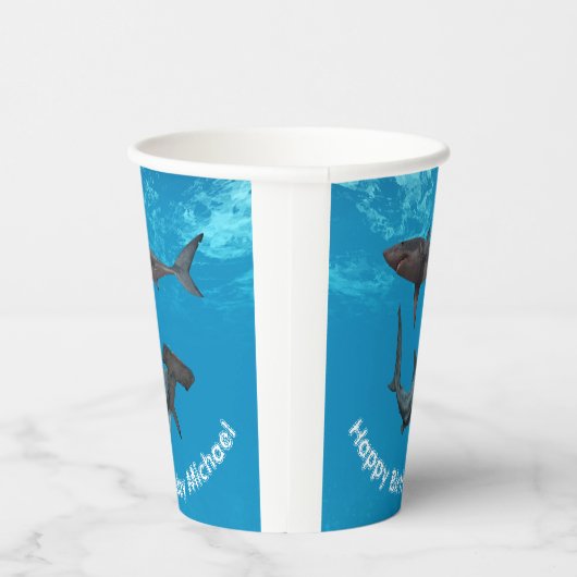 Gobelets En Papier Joyeux requin d'anniversaire Grand marteau blanc (Droite)