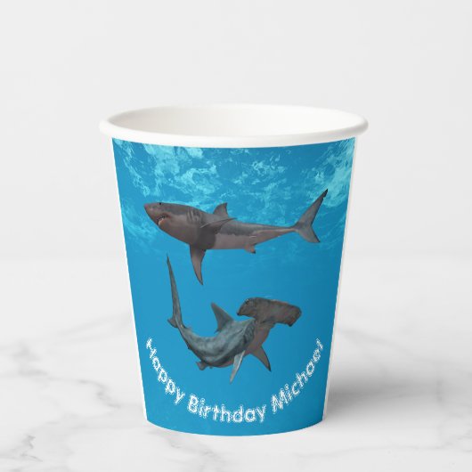 Gobelets En Papier Joyeux requin d'anniversaire Grand marteau blanc (Recto)