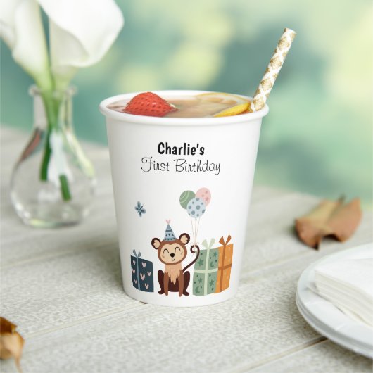 Gobelets En Papier Joyeux singe avec ballons et cadeaux, anniversaire (Insitu)