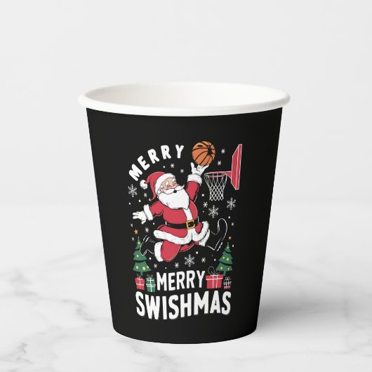 Gobelets En Papier Joyeux Swishmas Noël Père Noël Jouer Basketball (Recto)