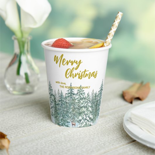 Gobelets En Papier Joyeux xmas forêt moderne Gold script Holiday (Insitu)