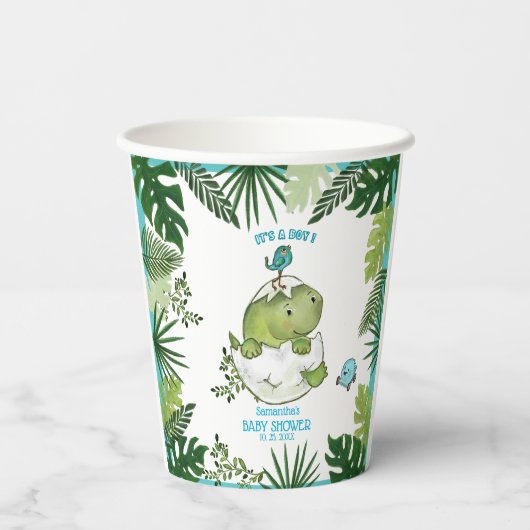 Gobelets En Papier Jungle Leaves and Hatching Dino Boy Baby Shower (Verso)