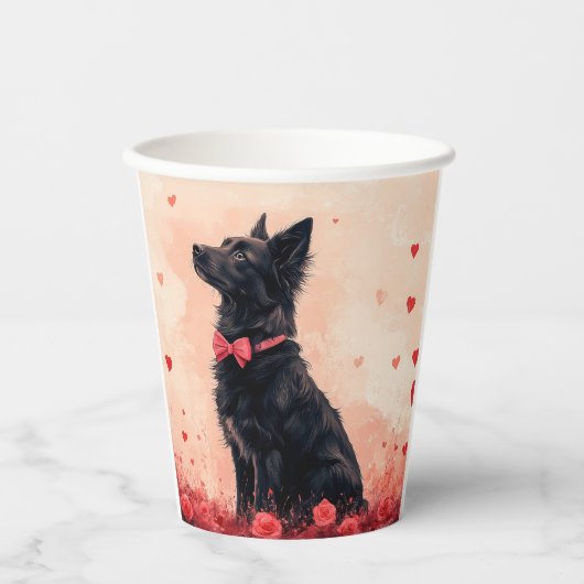 Gobelets En Papier Kelpie australienne avec Roses - Saint Valentin (Recto)