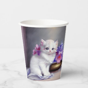 Gobelets En Papier Kitten blanc vintage aux fleurs roses et violettes