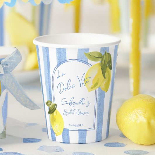 Gobelets En Papier La Dolce Vita rayures bleues citrons douche de mar