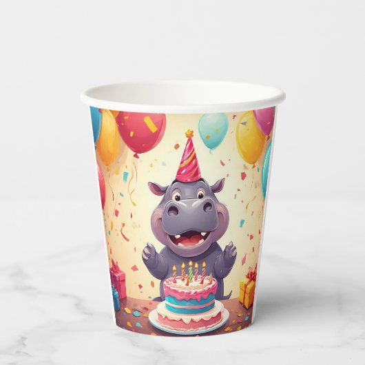 Gobelets En Papier L'adorable hippo fête l'anniversaire avec du gâtea (Verso)