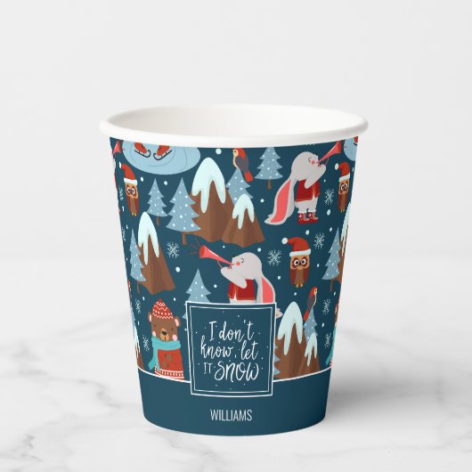 Gobelets En Papier Laisser neiger mignon animal avec le nom Bleu Noël (Recto)