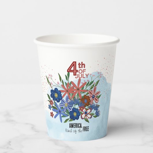 Gobelets En Papier "L'Amérique Terre des Libres" 4 juillet Fleurs (Verso)