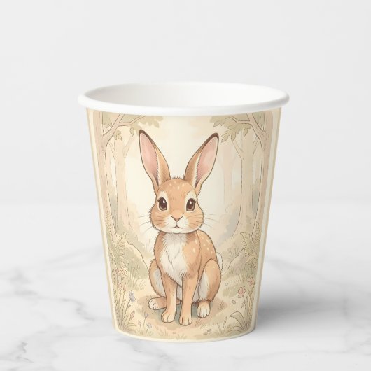 Gobelets En Papier Lapin brun mignon dans une forêt (Recto)
