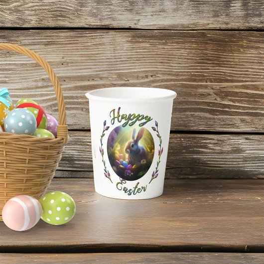 Gobelets En Papier Lapin de Pâques et poussin avec paniers d'oeufs
