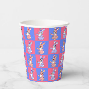 Gobelets En Papier Lapin de Pâques Rose Bleu Kawaii Mignon à Carreaux