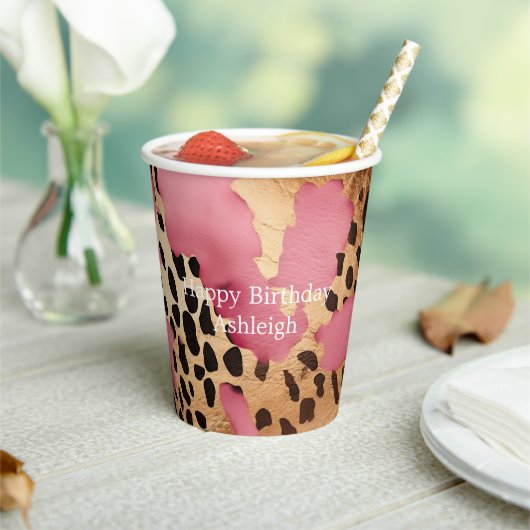 Gobelets En Papier Léopard doré rose (Insitu)