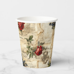 Gobelets En Papier Lettre vintage d'amour parchemin avec fleurs (9)