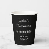 Gobelets En Papier Lettres douces : Blanc sur Quinceanera Noir (Recto)