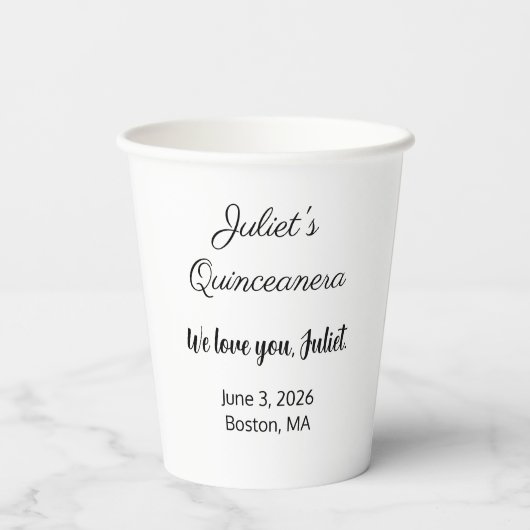 Gobelets En Papier Lettres douces : Noir sur Quinceanera blanc (Verso)