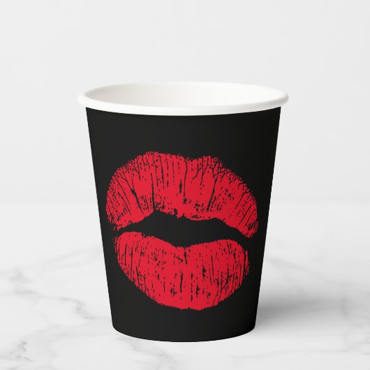 Gobelets En Papier Lèvres de baiser rouge sur noir (Recto)