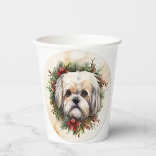 Gobelets En Papier Lhasa Apso Christmas Wreath Festive Pup (Recto)