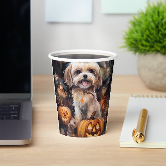 Gobelets En Papier Lhasa Apso Halloween avec citrouilles effrayant  (Insitu)